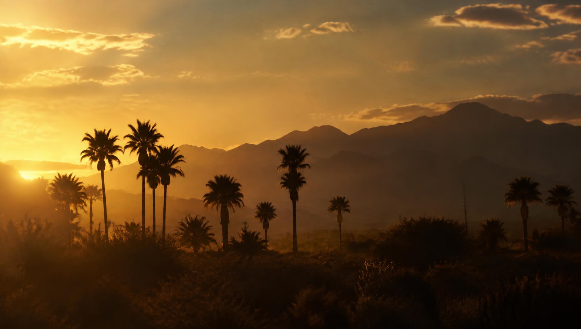 Palm trees and the Santa Rosa mountains at golden hour in the Coachella Valley
