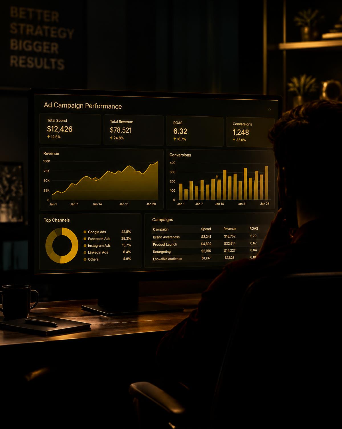 Strategist reviewing advertising campaign charts on a monitor at night
