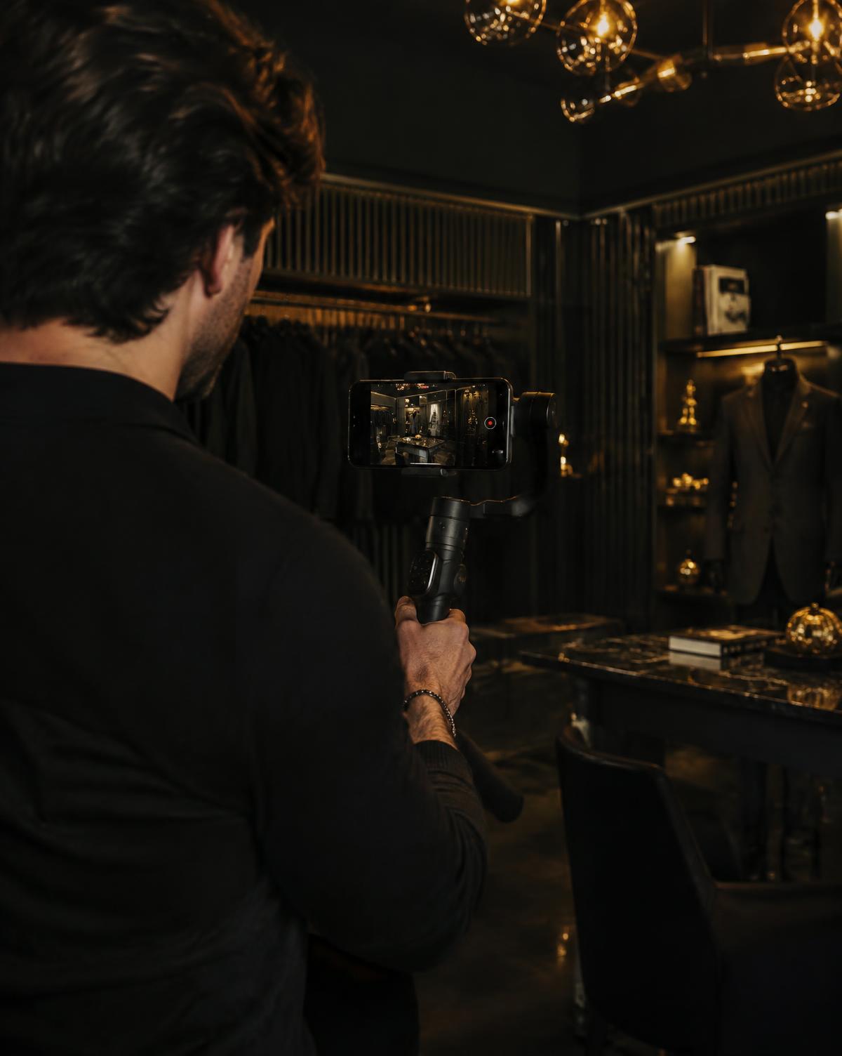 Videographer filming a short-form video inside a dimly lit boutique
