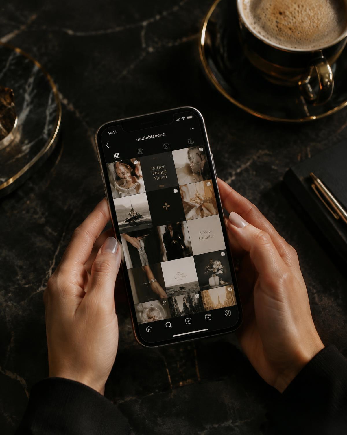 Hands holding a phone showing an elegant social media grid